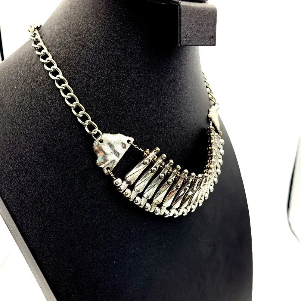 Vintage Silver & Gold-Tone Beaded Statement Necklace Chain Adjustable Closure - Picture 2 of 5